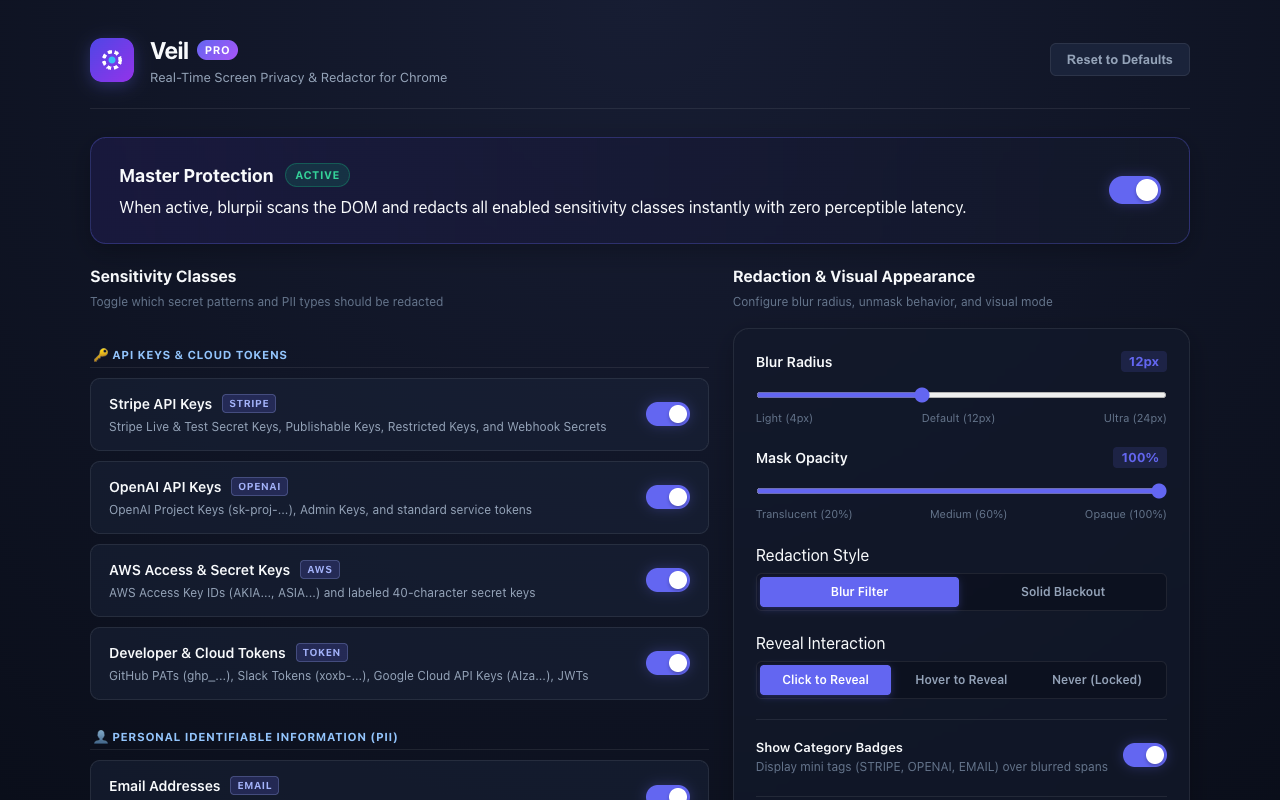 Veil Extension Settings & Customization